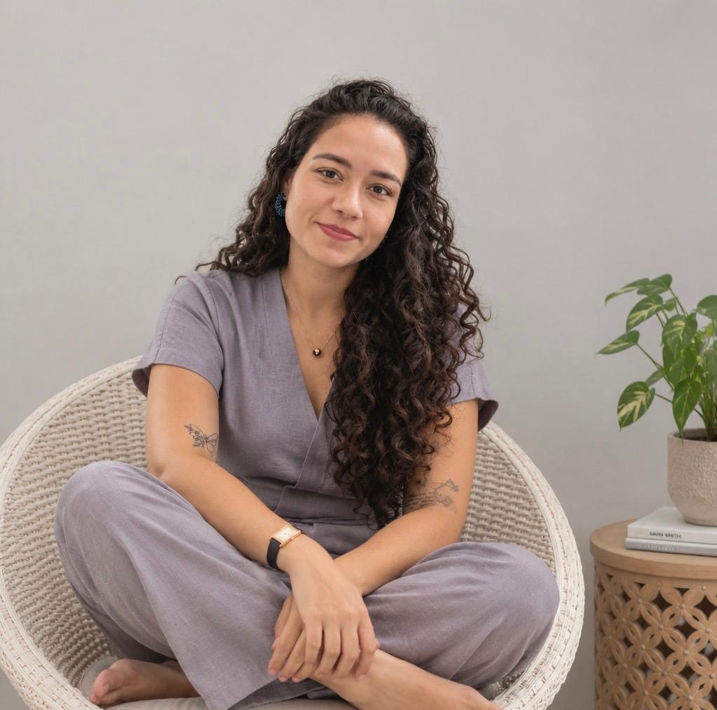 Daniele Buzatto Souza em um momento tranquilo, sentada e sorrindo